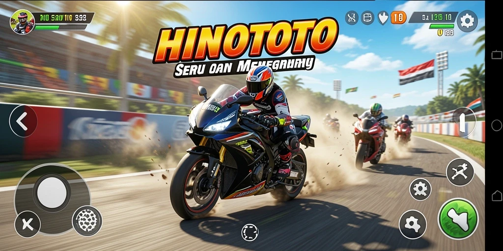 Tangkapan layar gameplay HINOTOTO menampilkan balapan motor yang mendebarkan.
