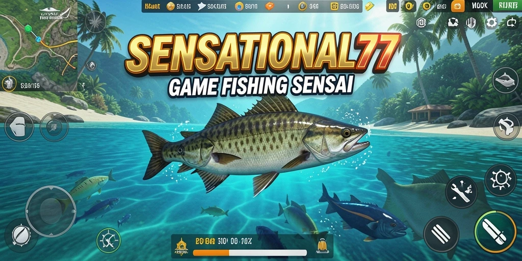 Screenshot gameplay Fishing SENSATIONAL77 yang menampilkan keasyikan memancing.